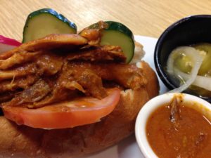 Pan de Gallina: Salvadorian style sandwich on french bread, with roasted turkey, lettuce, tomato, cucumber, pickle and their own mayo.