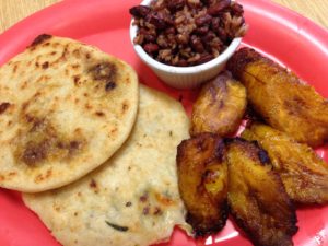 Their famous Pupusa's. comes with Fried Plantains and Casamiento (rice and beans).  There are a variety of fillings for the pupusas: Cheese, pork, chicken, beans, squash, Mushroom and Loroco.