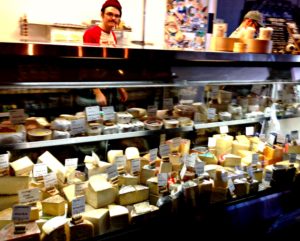 The cheese case with cheeses from around the world.