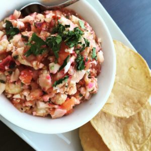 Cauliflower Ceviche: Cauliflower, diced tomatoes, serrano peppers, garlic, onions,cilantro, lime juice.