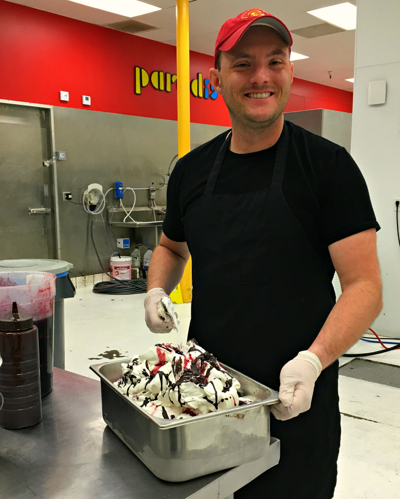 Albert Thomas showing us how Cherry Chip ice cream is made