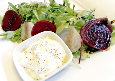 Roasted Beets: Arugula, Baby Beets, Fresh Burrata and EVOO.