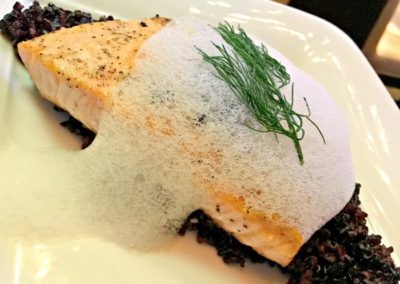 Faroe Island Salmon: Lemon Air, Squid Ink Caviar, Black Rice, Garlic.